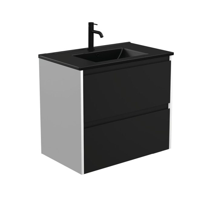 fienza Dolce Matte Black Amato 750 Satin Black Wall-Hung Vanity Satin White Panels