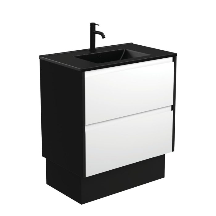 fienza Dolce Matte Black Amato 750 Satin White Vanity On Kick Satin Black Panels