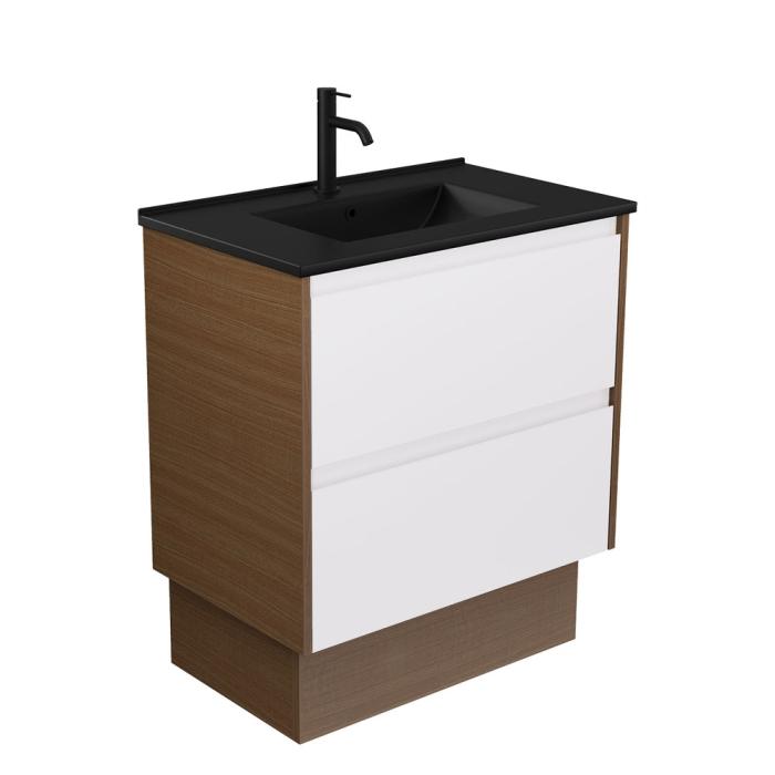 fienza Dolce Matte Black Amato 750 Satin White Vanity on Kick Walnut Panels