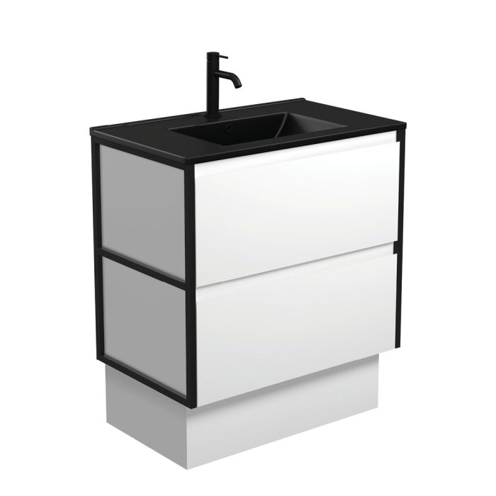 fienza Dolce Matte Black Amato 750 Satin White Vanity On Kick Matte Black Frames