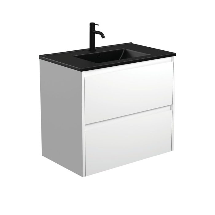 fienza Dolce Matte Black Amato 750 Satin White Wall-Hung Vanity