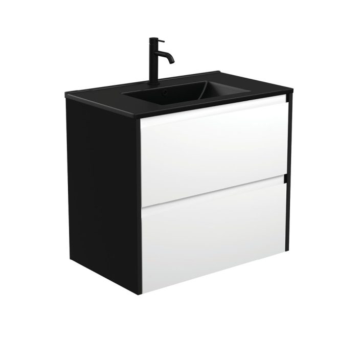 fienza Dolce Matte Black Amato 750 Satin White Wall-Hung Vanity Satin Black Panels