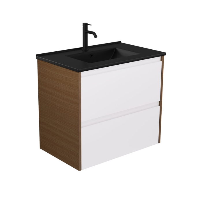 fienza Dolce Matte Black Amato 750 Satin White Wall Hung Vanity Walnut Panels