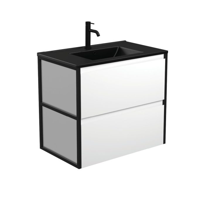 fienza Dolce Matte Black Amato 750 Satin White Wall-Hung Vanity Matte Black Frames