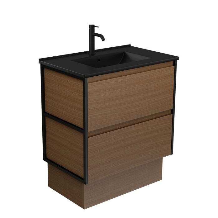 fienza Dolce Matte Black Amato 750 Walnut Vanity on Kick Matte Black Frames