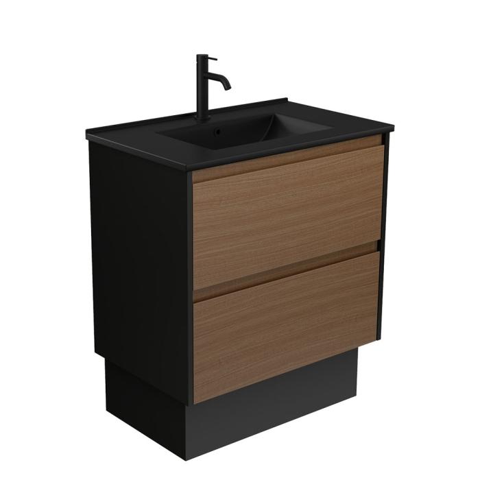 fienza Dolce Matte Black Amato 750 Walnut Vaniyu on Kick Satin Black Panels