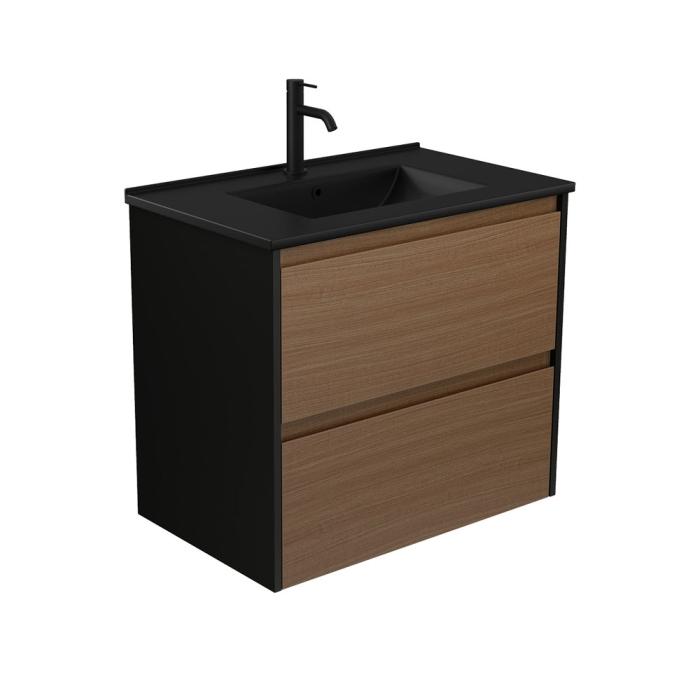 fienza Dolce Matte Black Amato 750 Walnut Wall Hung Vanity Satin Black Panels