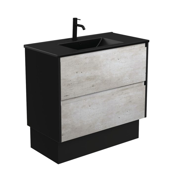 fienza Dolce Matte Black Amato 900 Industrial Vanity On Kick Satin Black Panels