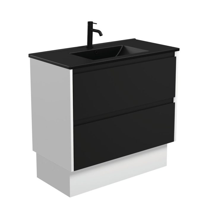 fienza Dolce Matte Black Amato 900 Satin Black Vanity On Kick Satin White Panels