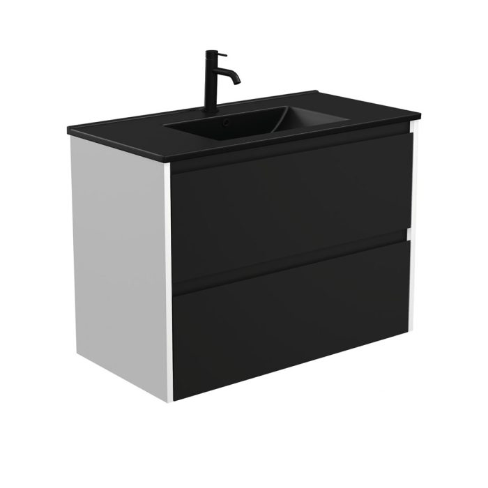 fienza Dolce Matte Black Amato 900 Satin Black Wall-Hung Vanity Satin White Panels