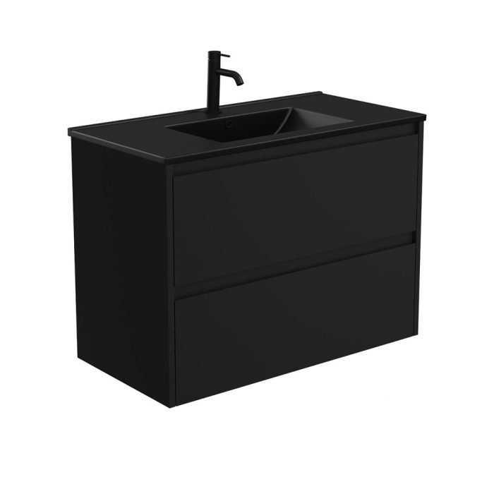 fienza Dolce Matte Black Amato 900 Satin Black Wall-Hung Vanity