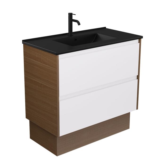 fienza Dolce Matte Black Amato 900 Satin White Vanity on Kick Walnut Panels