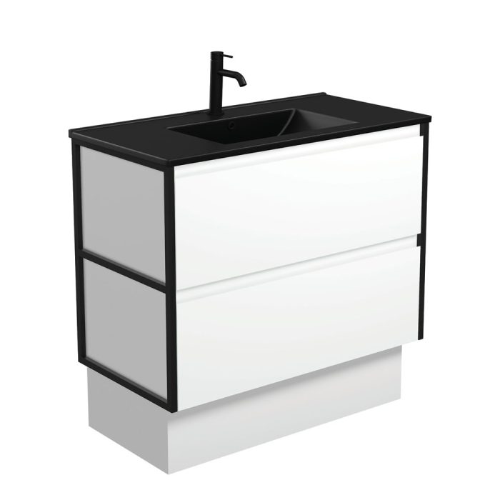 fienza Dolce Matte Black Amato 900 Satin White Vanity On Kick Matte Black Frames