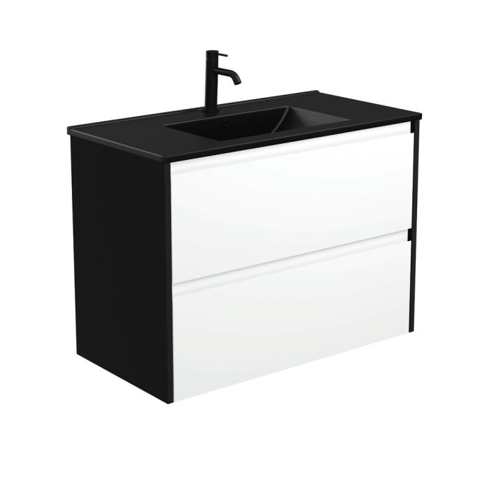 fienza Dolce Matte Black Amato 900 Satin White Wall-Hung Vanity Satin Black Panels