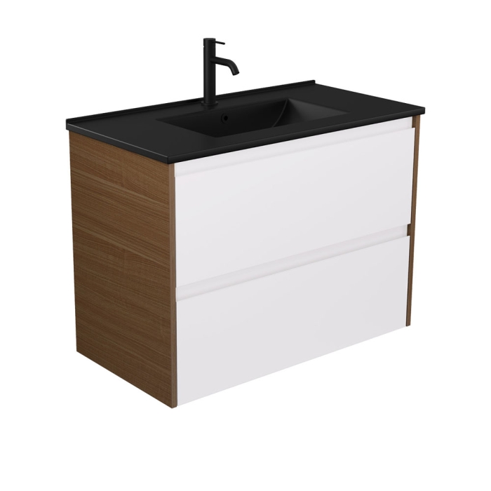 fienza Dolce Matte Black Amato 900 Satin White Wall Hung Vanity Walnut Panels