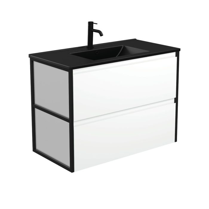 fienza Dolce Matte Black Amato 900 Satin White Wall-Hung Vanity Matte Black Frames