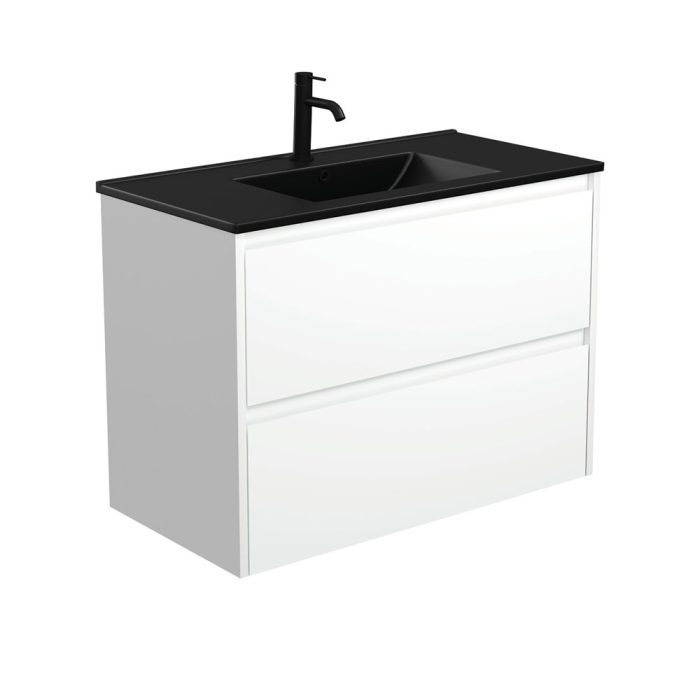 fienza Dolce Matte Black Amato 900 Satin White Wall-Hung Vanity