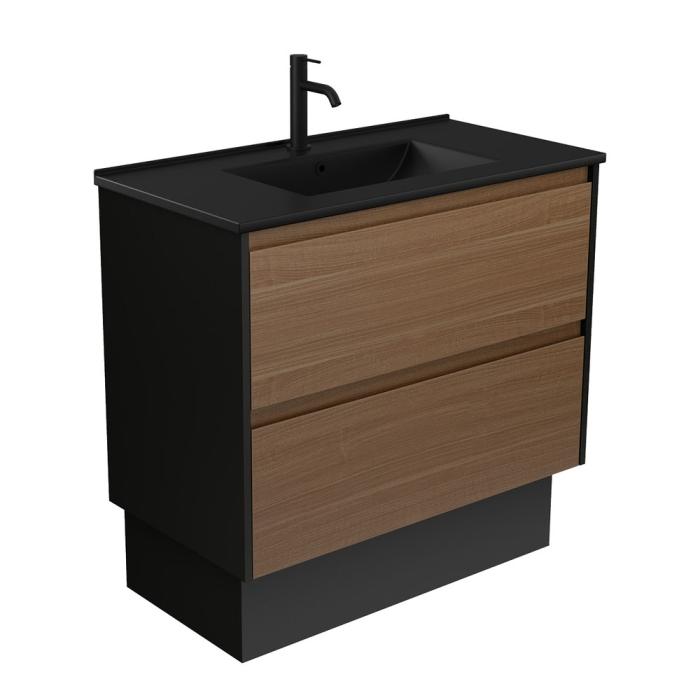 fienza Dolce Matte Black Amato 900 Walnut Vaniyu on Kick Satin Black Panels