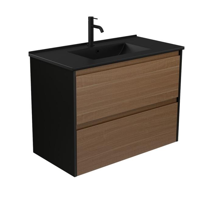 fienza Dolce Matte Black Amato 900 Walnut Wall Hung Vanity Satin Black Panels