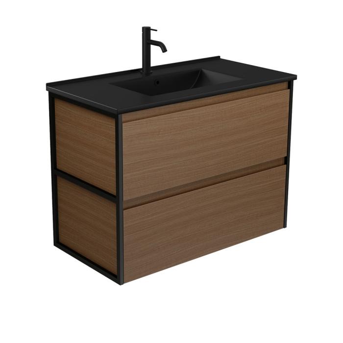 fienza Dolce Matte Black Amato 900 Walnut Wall Hung Vanity Matte Black Frames