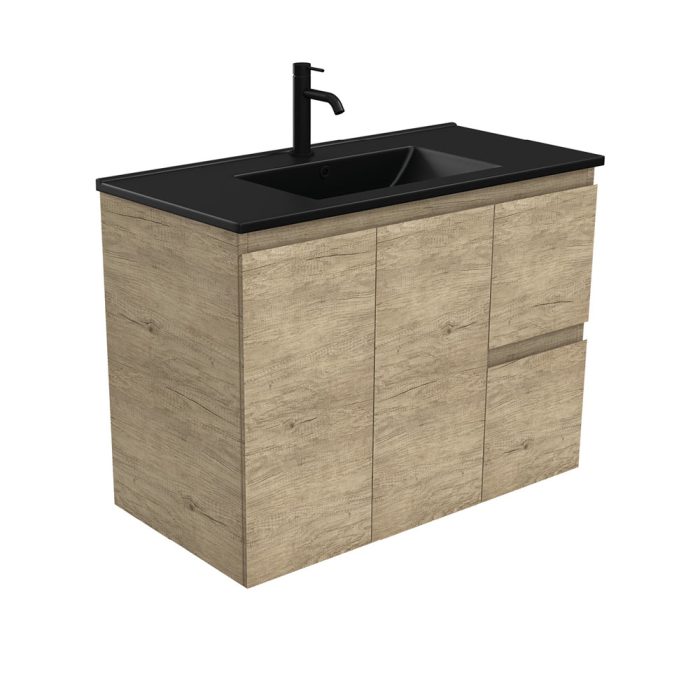 fienza Dolce Matte Black Edge Scandi Oak 900 Wall-Hung Vanity