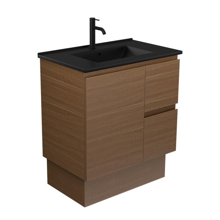 fienza Dolce Matte Black Edge Walnut 750 Vanity on Kickboard