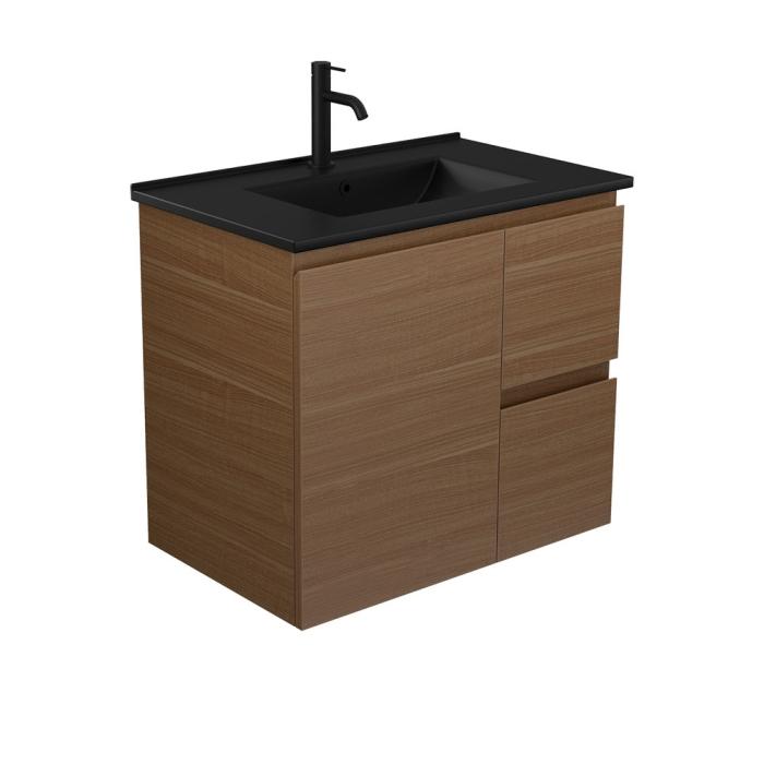 fienza Dolce Matte Black Edge Walnut 750 Wall Hung Vanity