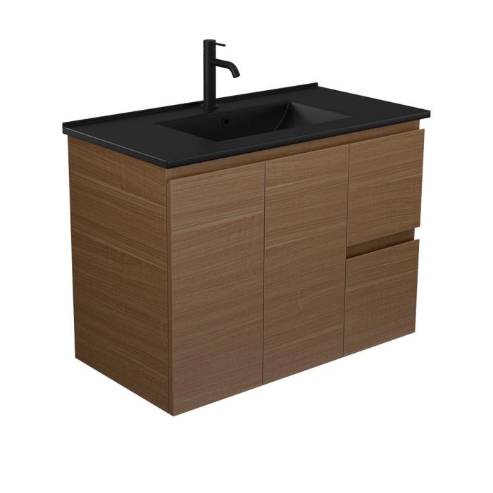 fienza Dolce Matte Black Edge Walnut 900 Wall Hung Vanity