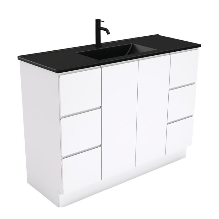 fienza Dolce Matte Black Fingerpull Gloss White 1200 Vanity On Kickboard