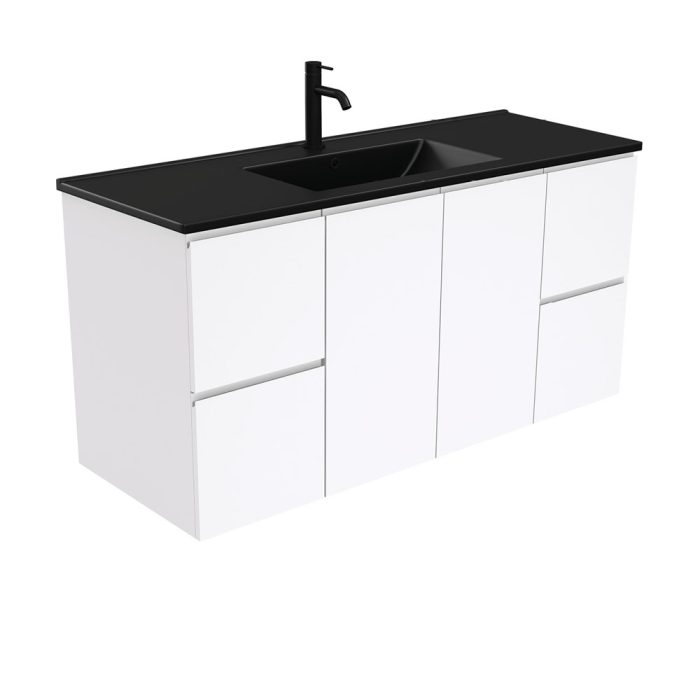 fienza Dolce Matte Black Fingerpull Gloss White 1200 Wall-Hung Vanity