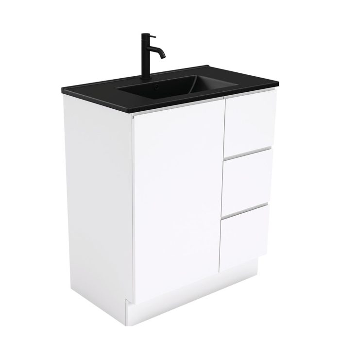 fienza Dolce Matte Black Fingerpull Gloss White 750 Vanity On Kickboard