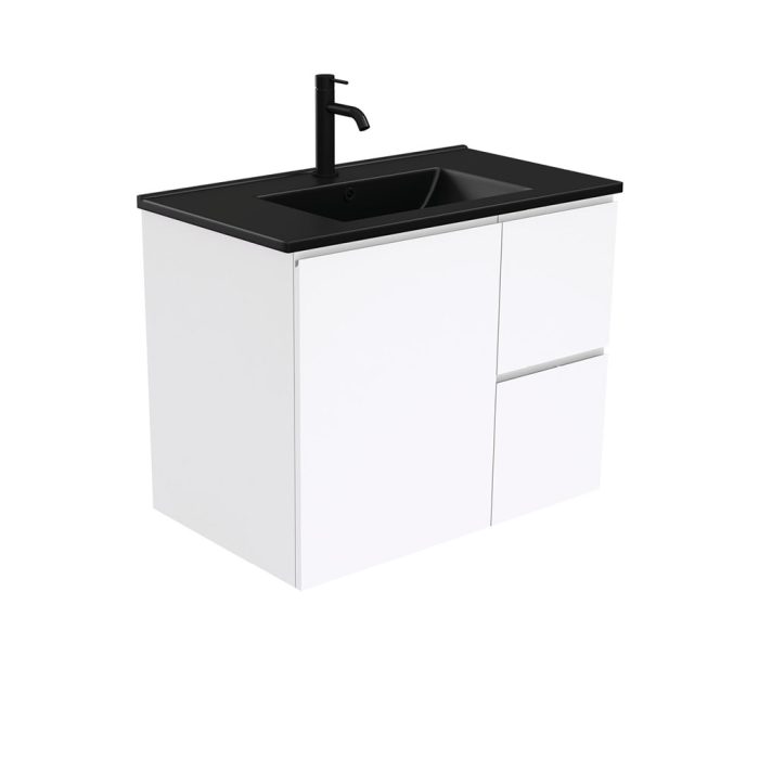 fienza Dolce Matte Black Fingerpull Gloss White 750 Wall-Hung Vanity