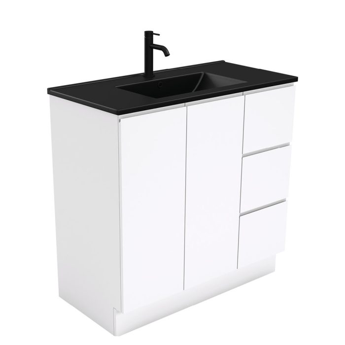 fienza Dolce Matte Black Fingerpull Gloss White 900 Vanity On Kickboard
