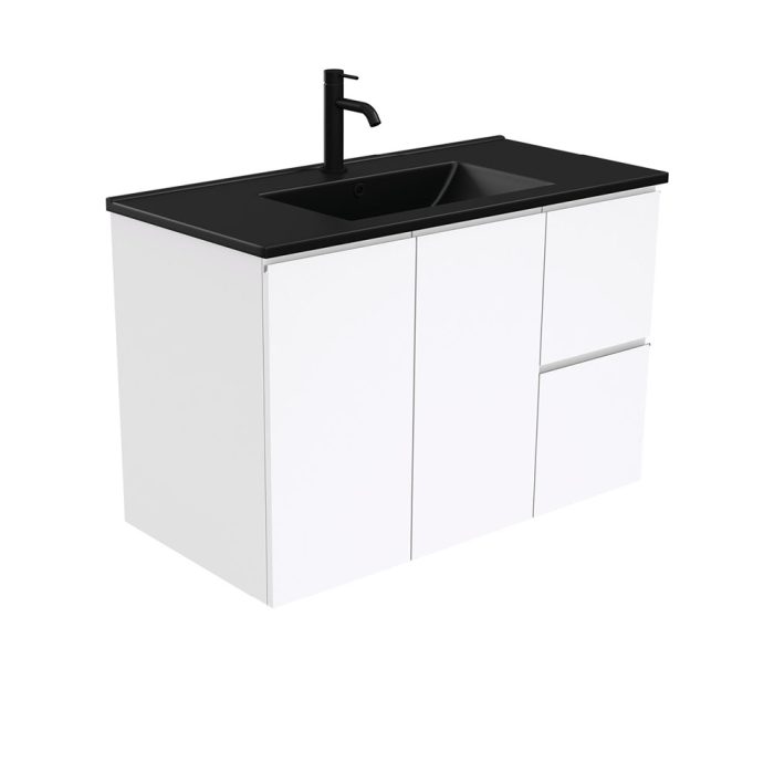 fienza Dolce Matte Black Fingerpull Gloss White 900 Wall-Hung Vanity