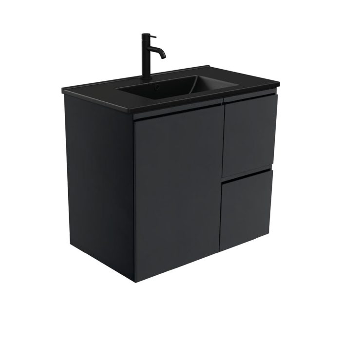 fienza Dolce Matte Black Fingerpull Satin Black 750 Wall-Hung Vanity