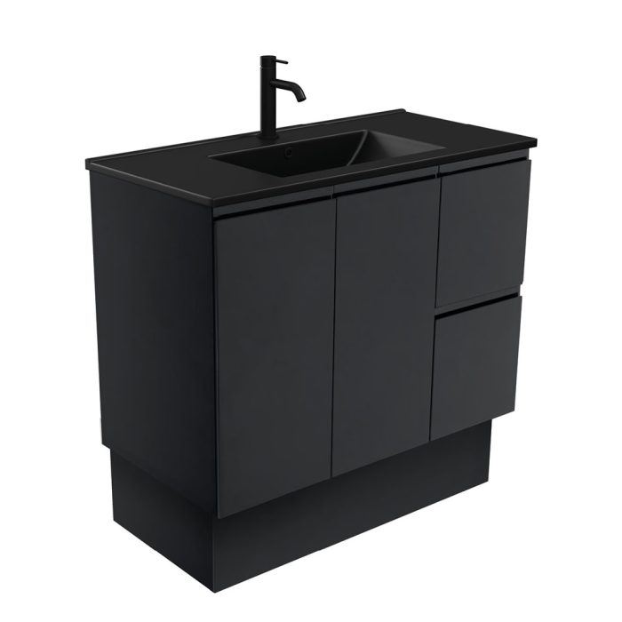 fienza Dolce Matte Black Fingerpull Satin Black 900 Vanity On Kickboard