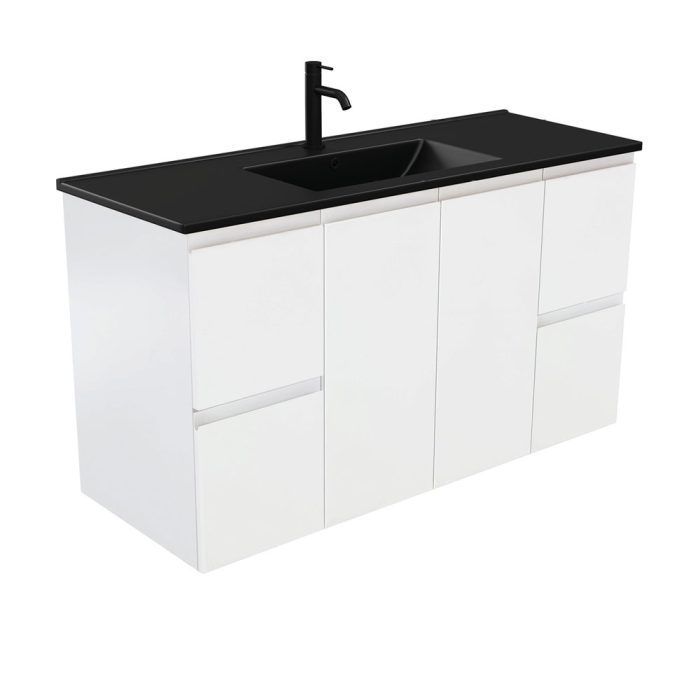 Fienza Dolce Matte Black Fingerpull Satin White 1200 Wall-Hung Vanity