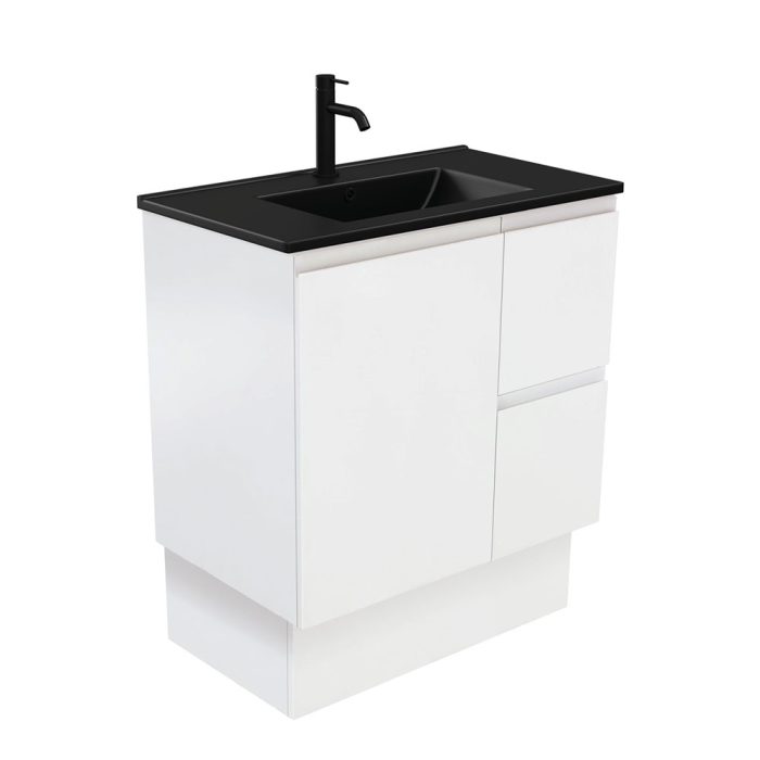 fienza Dolce Matte Black Fingerpull Satin White 750 Vanity On Kickboard