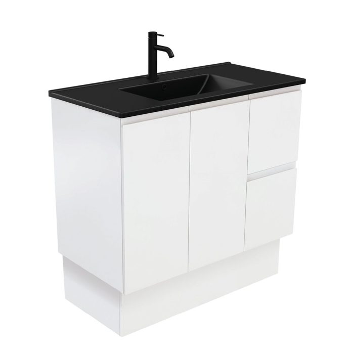fienza Dolce Matte Black Fingerpull Satin White 900 Vanity On Kickboard