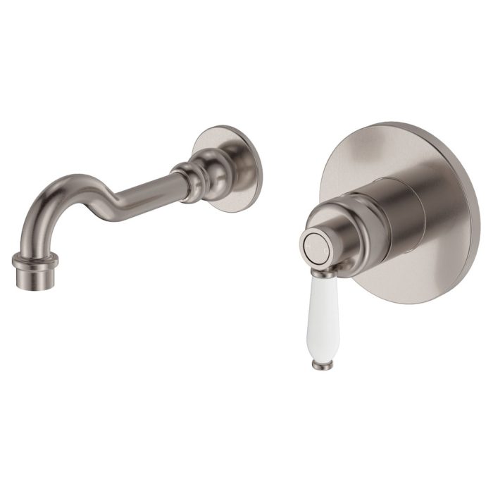 fienza Eleanor Wall Basin/Bath Mixer Set Brushed Nickel / Ceramic