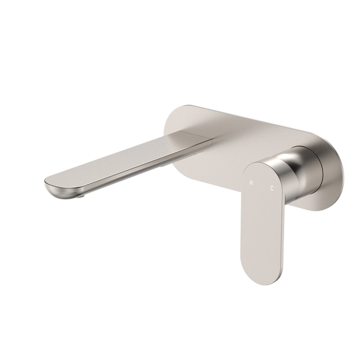 fienza Empire Slim Basin/Bath Wall Mixer Set Oval Plate 160mm Outlet Brushed Nickel