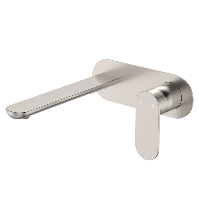 fienza Empire Slim Basin/Bath Wall Mixer Set Oval Plate 200mm Outlet Brushed Nickel