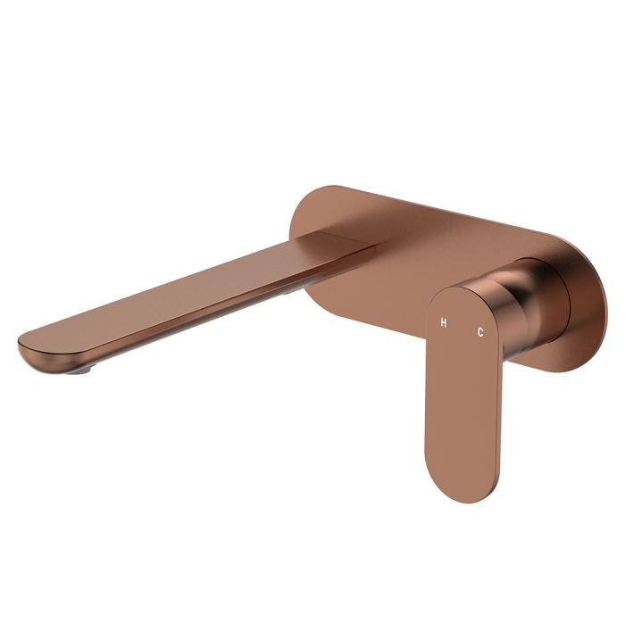 fienza Empire Slim Basin/Bath Wall Mixer Set Oval Plate 200mm Outlet Brushed Copper