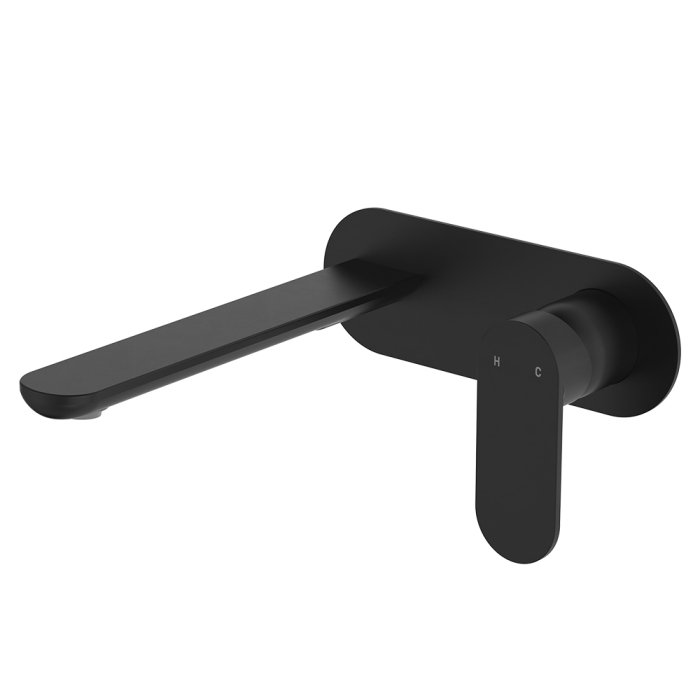 fienza Empire Slim Basin/Bath Wall Mixer Set Oval Plate 200mm Outlet Matte Black