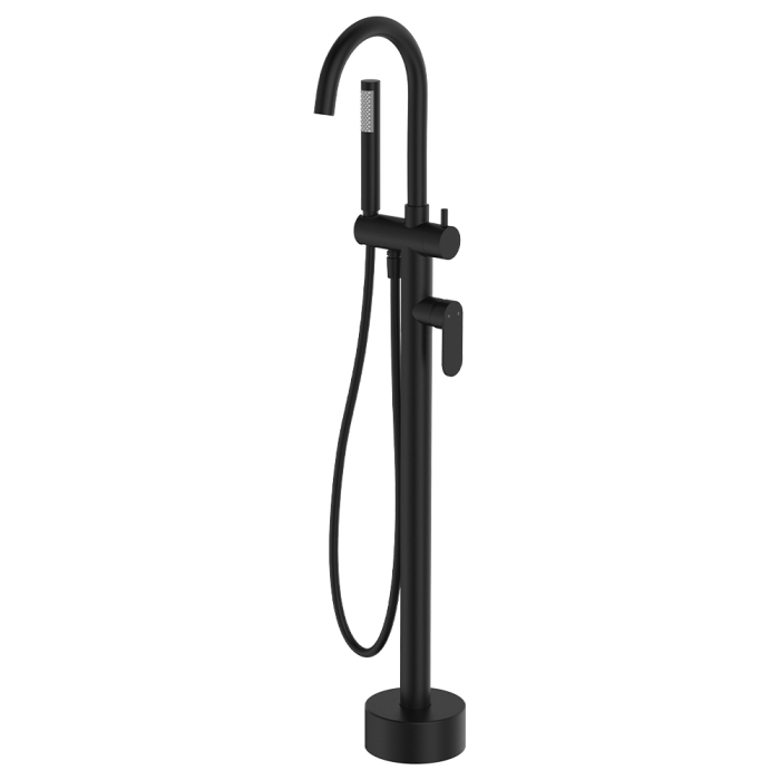 fienza Empire Slim Floor Mounted Bath Mixer with Hand Shower Matte Black