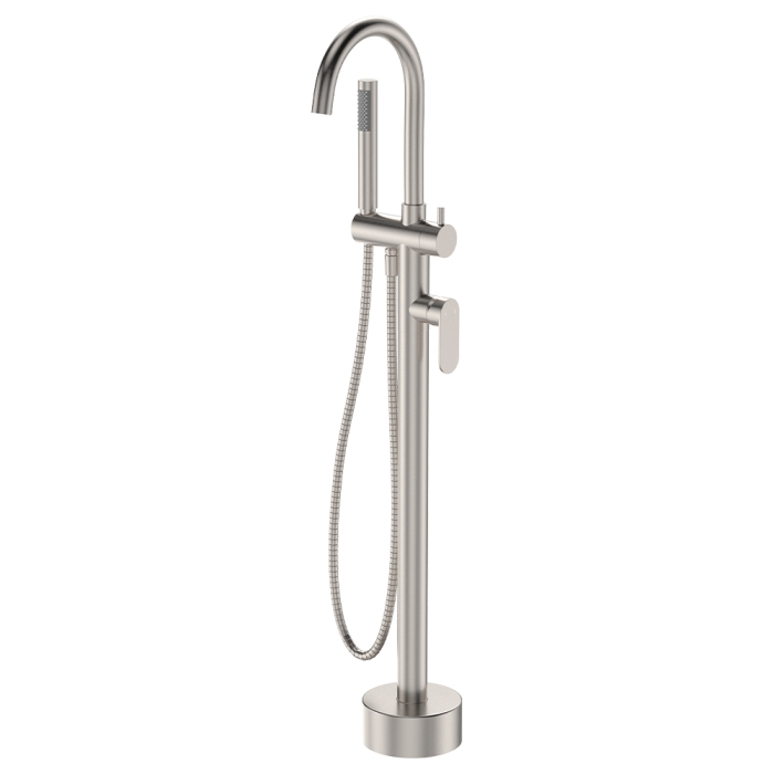 fienza Empire Slim Floor Mounted Bath Mixer with Hand Shower Brushed Nickel