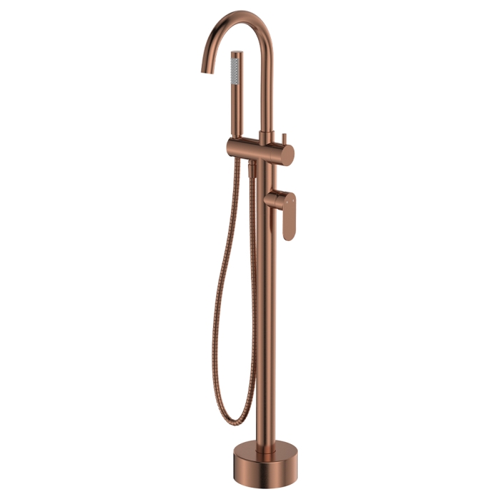 fienza Empire Slim Floor Mounted Bath Mixer with Hand Shower Brushed Copper