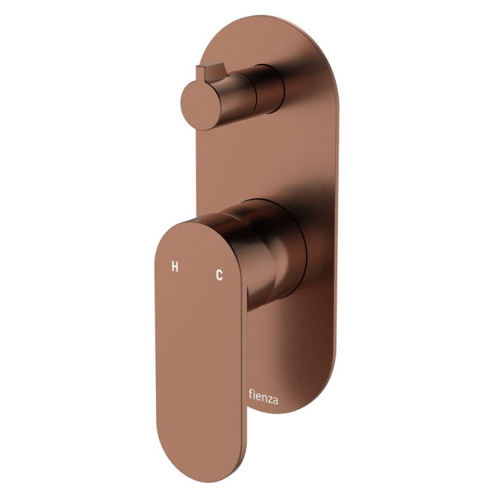 fienza Empire Slim Wall Diverter Mixer Large Oval Plate Vertical Brushed Copper