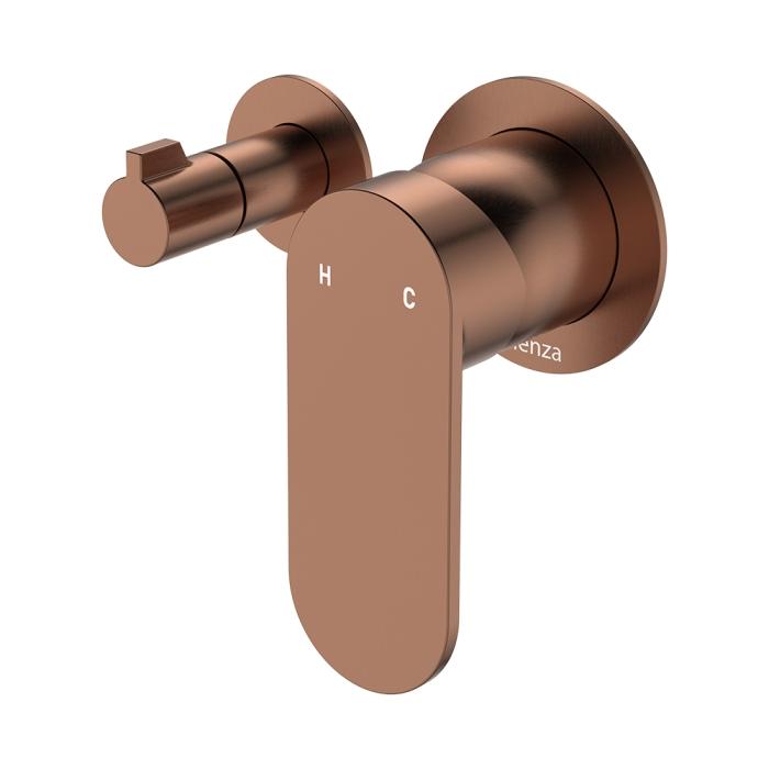 fienza Empire Slim Wall Diverter Mixer Small Round Plates Horizontal Brushed Copper