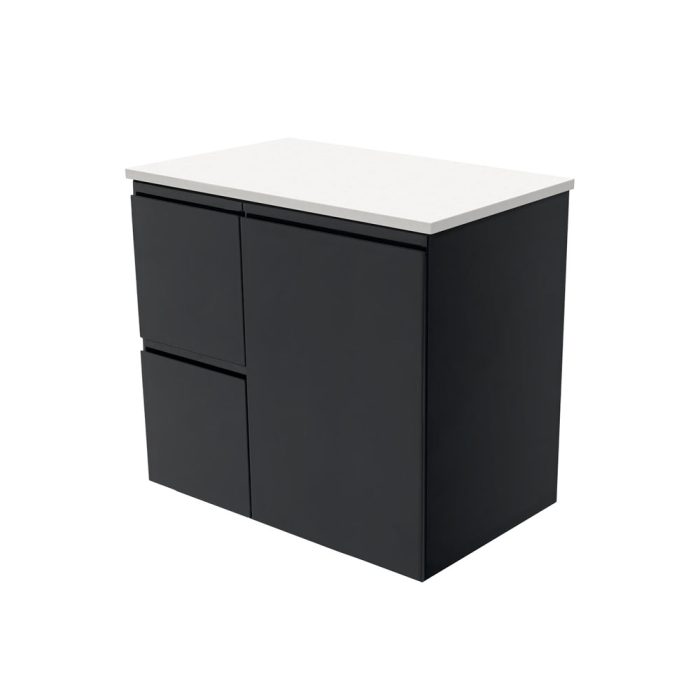 fienza Fingerpull Satin Black 750 Wall-Hung Cabinet Left Hand Drawers